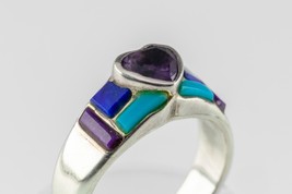 Handmade Turquoise, Purple Spiny, Lapis &amp; Heart Amethyst Sterling Ring SZ 6.25 - £100.47 GBP