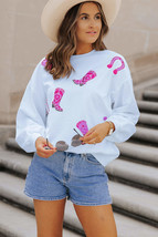 White Sequin Western Cowgirl Boots Graphic Sweatshirt - £32.81 GBP