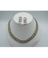 Womens Silver Tone Cuban Link Necklace &amp; Earring Jewelry Set Cut Sparkle... - £11.40 GBP