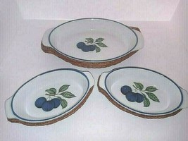 Dessert/Cobbler Baking Dishes with Brown Wicker Holders Blueberry Print Set of 3 - £24.01 GBP