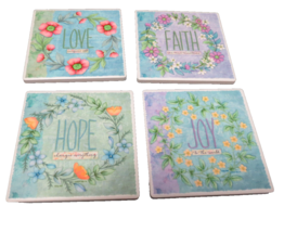 4 Ceramic Coasters Love Faith Hope Joy Colorful Floral Blue Lavender Green - £11.22 GBP