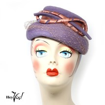 Vintage 50s Purple Shaped Felt Hat - Striking Pink Satin Wrapped Bow - Hey Viv - £28.14 GBP