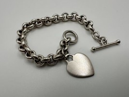 Vintage Chunky Sterling Silver Choker Heart Tag Bracelet 7.25&quot; x 8mm - £77.23 GBP