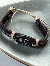 Dark Brown Leather w Twin Overlay &amp; Etched Plastic Cab Bracelet – 7 inches long - £10.29 GBP