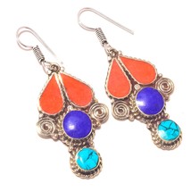 Lapis Lazuli Tibetan Turquoise Coral Handmade Baho Earrings Nepali 2.10&quot; SA 1300 - £4.78 GBP