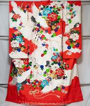 Red &amp; White Polyester Irouchikake - Vintage Japanese Wedding Kimono - Large Peon - £101.69 GBP