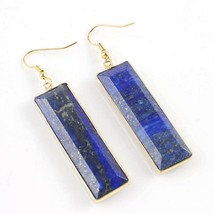 Natural Blue Lapis Lazuli Elongated Dangle Earrings 14k Yellow Gold over Base - $53.40