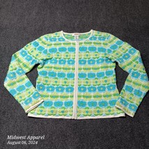 Talbots Petites Cardigan Sweater Women M Green Floral Striped Fair Isle Puffy - £14.08 GBP