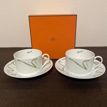 Hermes Dancing Ribbons Morning Cup and Saucer 2 set green porcelain coff... - £644.91 GBP