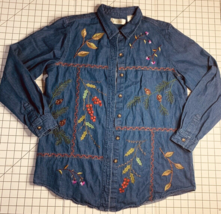 Vtg Bobbie Brooks Floral Stems Embroidered Denim Shirt Womens 8/10 42&quot; C... - $22.06