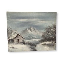 Vintage Snowy Mountain Cabin Landscape Oil Painting, Signed 8”x10” Canvas Board - £37.52 GBP