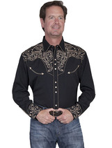 Men&#39;s Western Shirt Black Long Sleeve Rockabilly Country Cowboy Embroidered - £69.11 GBP