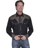 Men&#39;s Western Shirt Black Long Sleeve Rockabilly Country Cowboy Embroidered - £69.59 GBP
