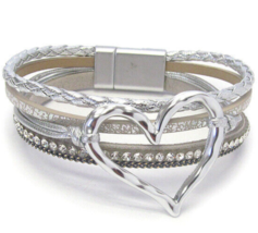 Multi Strand Hammered Heart Magnetic Clasp Bracelet Silver - £11.82 GBP