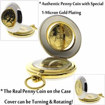 1 PENNY Coin Gold Plated Pocket Watch for Men Big Size 53 mm with Fob Chain C36 - $99.99