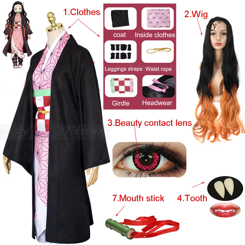    Kamado Nezuko Full Cosplay Including Shoes Wig Tooth Mouth Stick Adult Woman  - £129.73 GBP