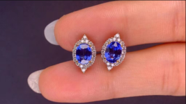 4Ct Oval Cut Blue Tanzanite Attractive Halo Stud Earrings 14K White Gold Finish - £70.29 GBP