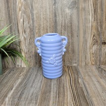 Vintage Powder Blue Pottery Vase, Double Handles, Floral w Horizontal Ribbing - $48.00