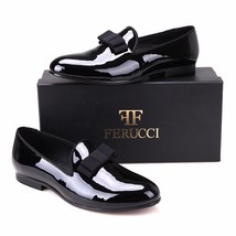 Handmade FERUCCI Men Plain Black Patent Leather with Black Bow Slippers loafer - £151.86 GBP