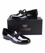 Handmade FERUCCI Men Plain Black Patent Leather with Black Bow Slippers ... - £149.64 GBP
