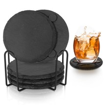 Black Slate Coasters For Drinks - Set Of 6 - Anti-Scratch Drink Coasters With Ho - £18.89 GBP