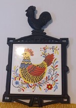 Cast Iron Trivet with Ceramic Tile Chicken Flowers Design Made In Japan Vintage  - £12.26 GBP