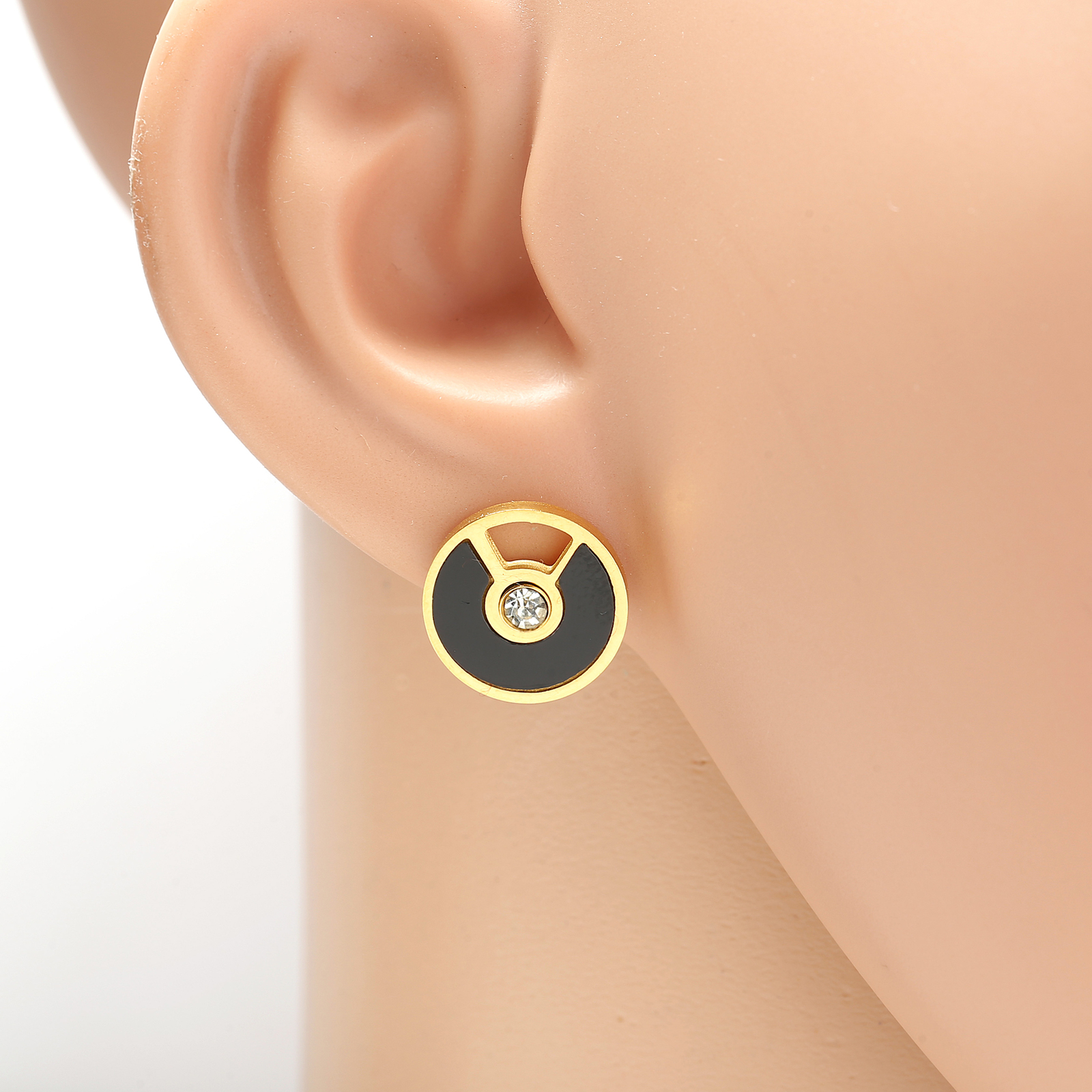 Gold Tone Earrings with Sparkling Crystals & Jet Black Faux Onyx
