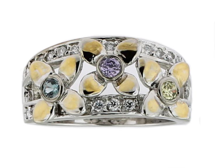 Eye catching 14K White gold Clover Leafs Multi Color and Diamond Band. - $689.00