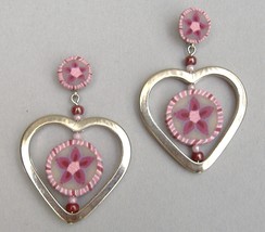 Heart Earrings Pink Purple Clay Silver Metal Flower Beaded Post Dangle H... - £22.67 GBP