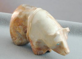 Zuni Tyler Quam Carved Agate Marble &amp; Turquoise Medicine Bear Fetish Sculpture - £75.95 GBP