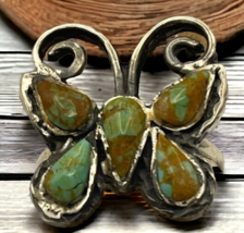Vintage Navajo Inlaid Turquoise Butterfly Southwestern Sterling Ring Sz 7.5 - £149.47 GBP
