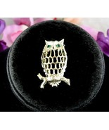 OWL PIN Vintage Brooch GREEN Rhinestone Eyes Open Work Design Goldtone G... - €15,45 EUR
