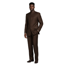 Mens Apollo King Banded Collarless suit Chinese Mandarin Wide leg AG94 Brown image 7