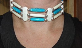 Handmade Bone Choker Necklace White and Turquioise with Silver Beads - £31.63 GBP