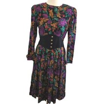 Vintage 80s Dark Floral Midi Dress Longsleeve Smocked Black Purple Medium - $48.21