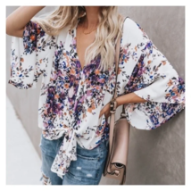 Lovestitch Boho Chic Oversized Crop Blouse Top V Neck Bow Knot Kimono, S... - £18.04 GBP