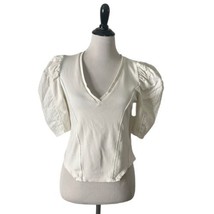 Anthropologie Swiss Dot Puff Sleeve Ribbed Top Ivory V Neck Structured S... - $34.65