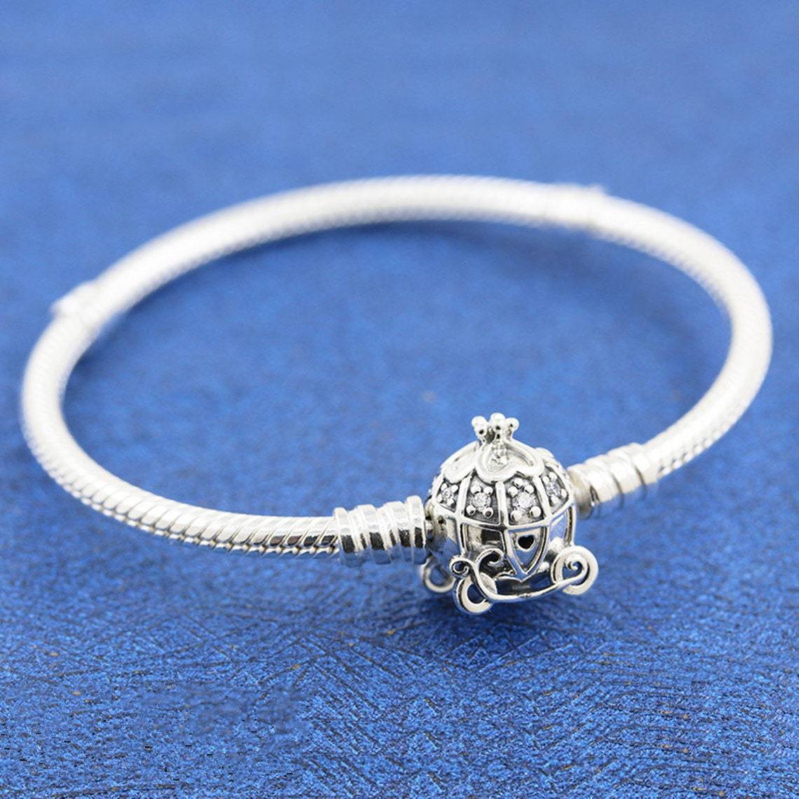 925 Sterling Silver Cinderella Pumpkin Coach Clasp Moments Snake Chain Bracelet