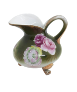 Vintage Porcelain Green Gold Trim Pink Roses 3 1/4&quot; Tall Pitcher - $10.88