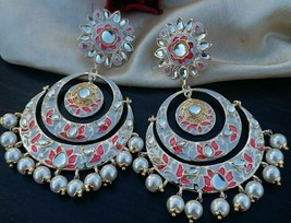 Bollywood Stil Indische Braut Perle Emaillierte Chandbali Ohrringe Schmuck Set - £22.51 GBP