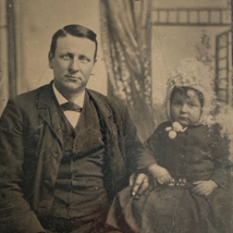 1800s Ferro Tintype Light Eyed Man in Suit with Baby Girl Studio Portrait - $19.95