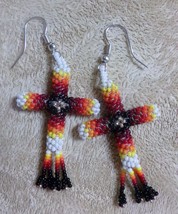 Native American Dangle Cut Glass Beaded CROSS Earrings White Fire Kiowa Handmade - £32.16 GBP