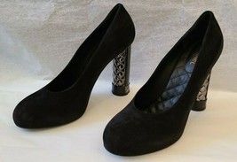CHANEL Black Suede Pumps with Gunmetal Quilting at Heel 94305 - Size 42 ... - $725.00