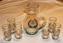 25th Anniversary 7 piece Vintage Glass Pitcher &amp; 6 glasses – silver rimm... - £15.72 GBP