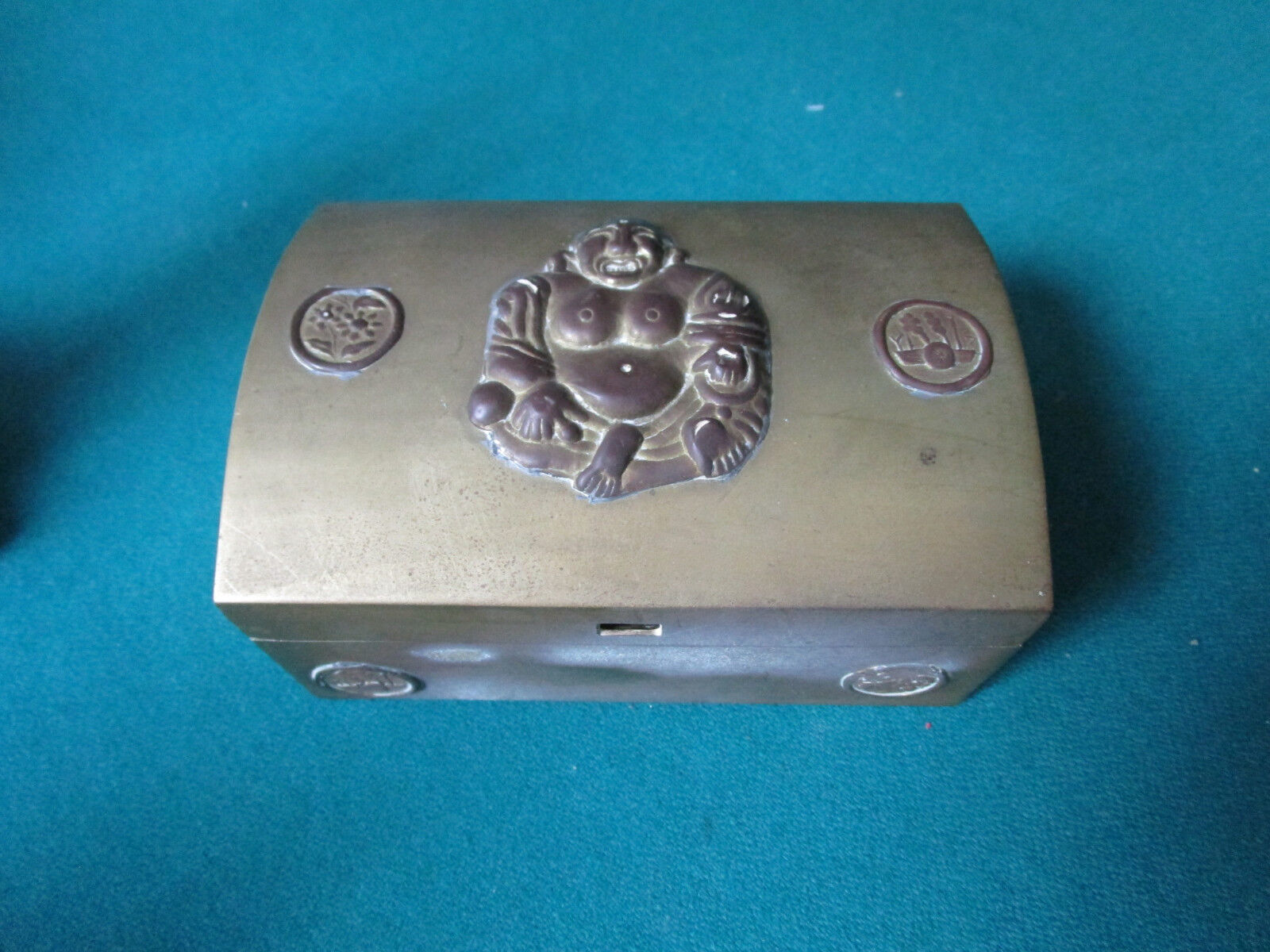 CHINESE BUDDHA ANTIQUE WOOD LINER METAL BRASS COFFER  BOX HANDMADE - $113.84