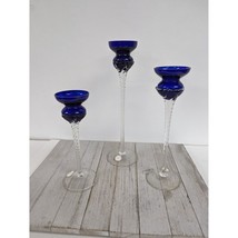 Set 3 Tiered Romanian Crystal Candle Stick Holders Cobalt Blue Irene Tulip - £50.79 GBP