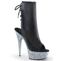 PLEASER Sexy 6&quot; Heel Stripper Open Toe Silver Glitter Platform Black Ankle Boots - £78.29 GBP