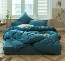Teal Blue Washed Cotton Duvet Cover Boho Bedding Bedding Set Queen Twin King Ful - £53.84 GBP+