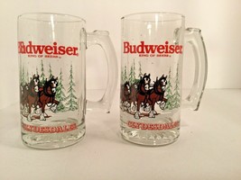 Christmas 2 Budweiser King Of Beers Clydesdales 16 Oz.Glass Beer Mug Stein 1989 - £15.91 GBP