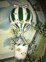 Vtg Enesco Ceramic Greenwhite Stripe Flower Hot Air Balloon Wall Vase Decoration - £43.95 GBP